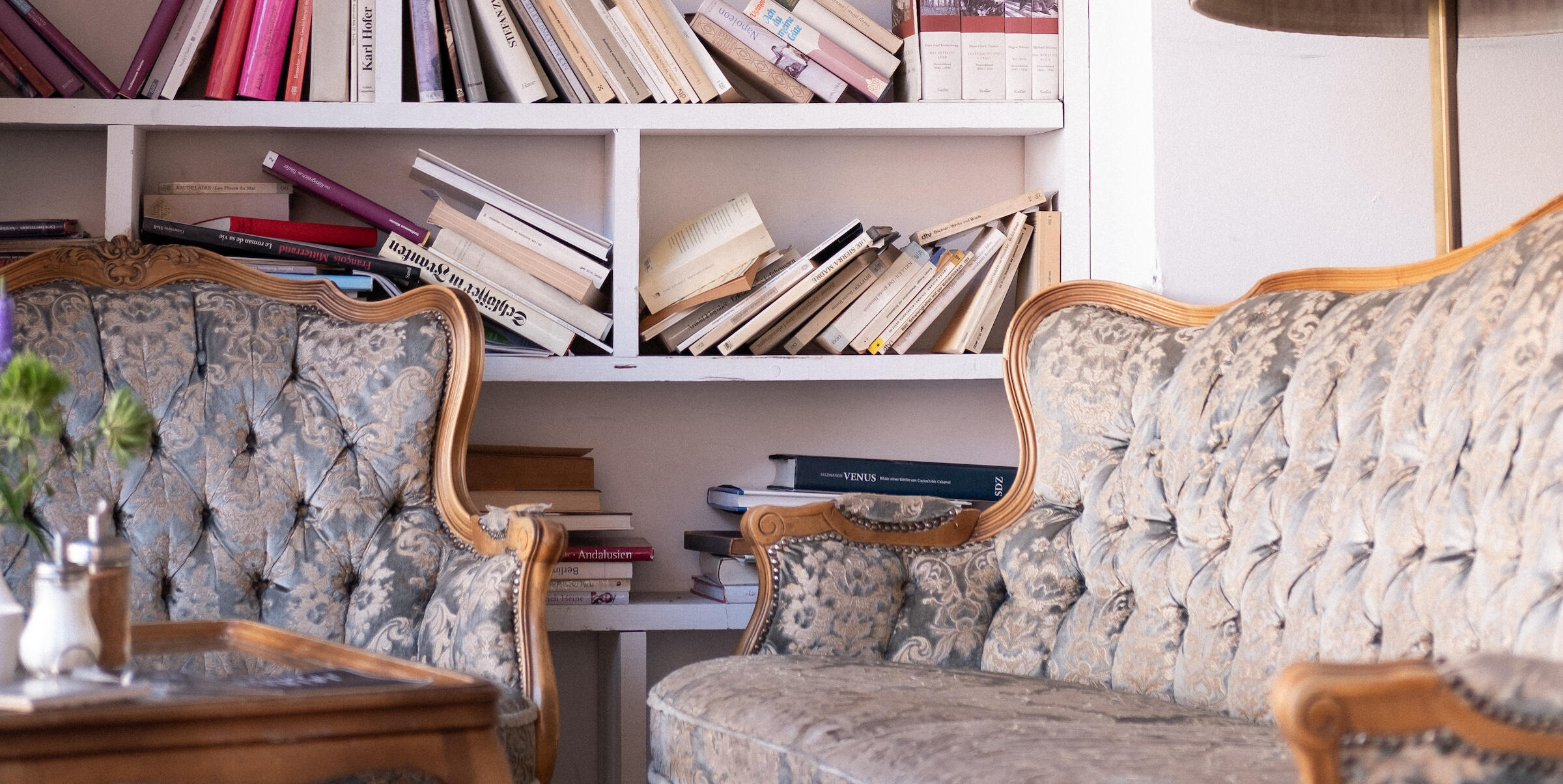 Sofas und Bücherregal in der Pension Schmidt