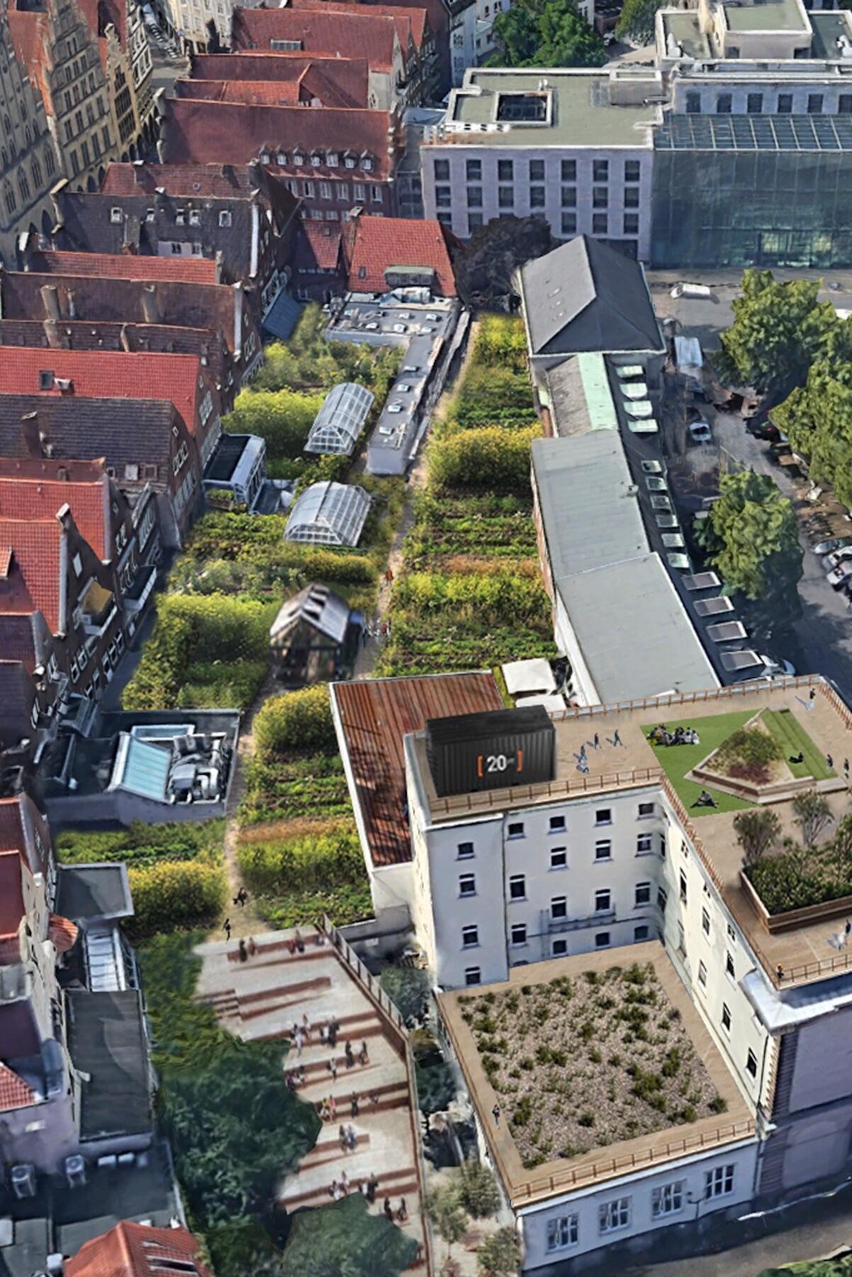 Der Prinzipalmarkt und die Dächer dahinter als Cityfarm in der Zukunft